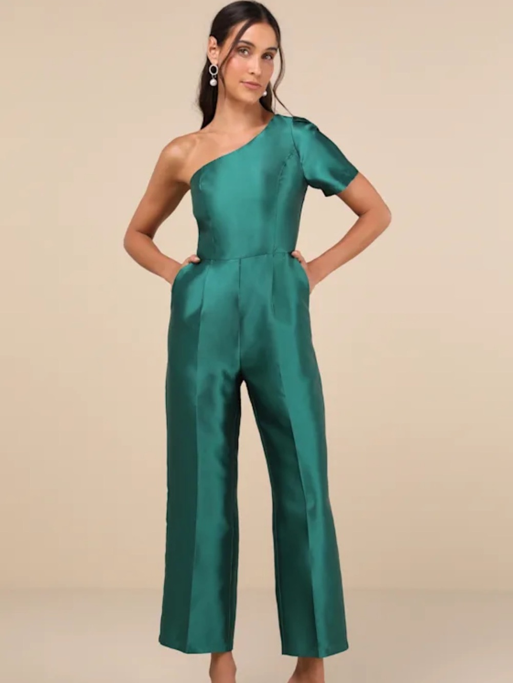 Lulus Women's Blue Divine Dream Emerald Satin One-Shoulder Culotte Jumpsuit